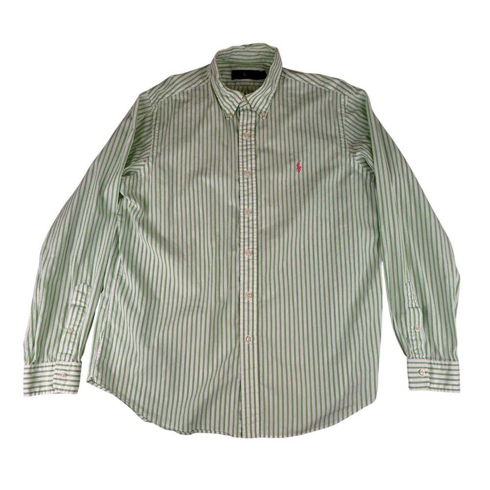 Ralph Lauren Button Down Shirt Mens Large Green White Striped Long Sleeve Pony